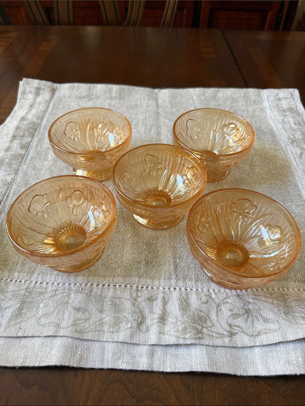 Jeannette iridescent carnival glass footed sherbet 5  cups Iris & Herringbone